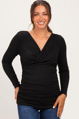 Black Ribbed Knit Long Sleeve Wrap Maternity Nursing Top