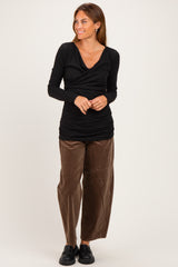 Black Ribbed Knit Long Sleeve Wrap Nursing Top