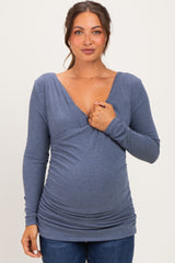 Blue Ribbed Knit Long Sleeve Wrap Maternity Nursing Top