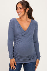 Blue Ribbed Knit Long Sleeve Wrap Maternity Nursing Top