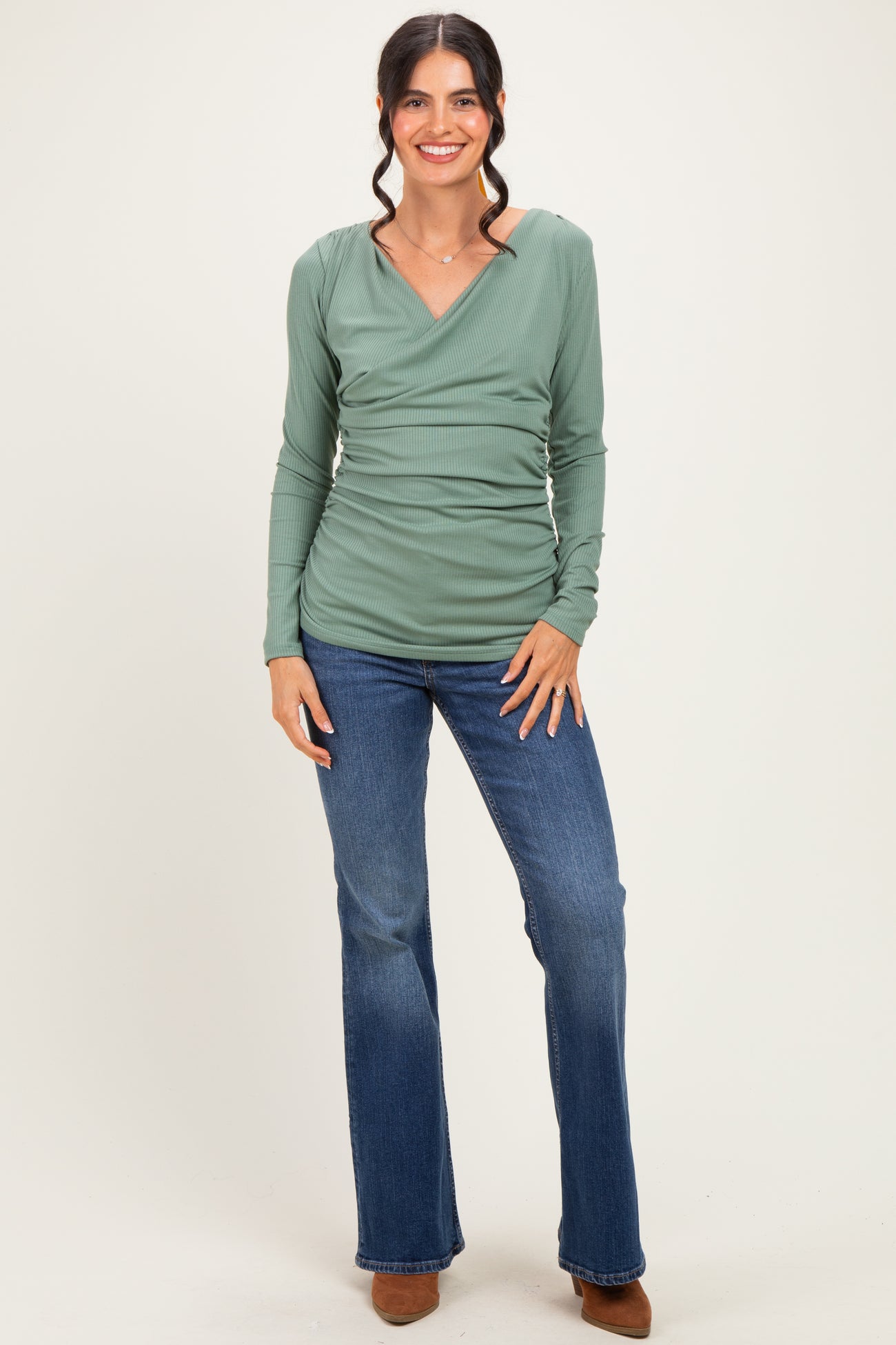 Sage Ribbed Knit Long Sleeve Wrap Maternity Nursing Top