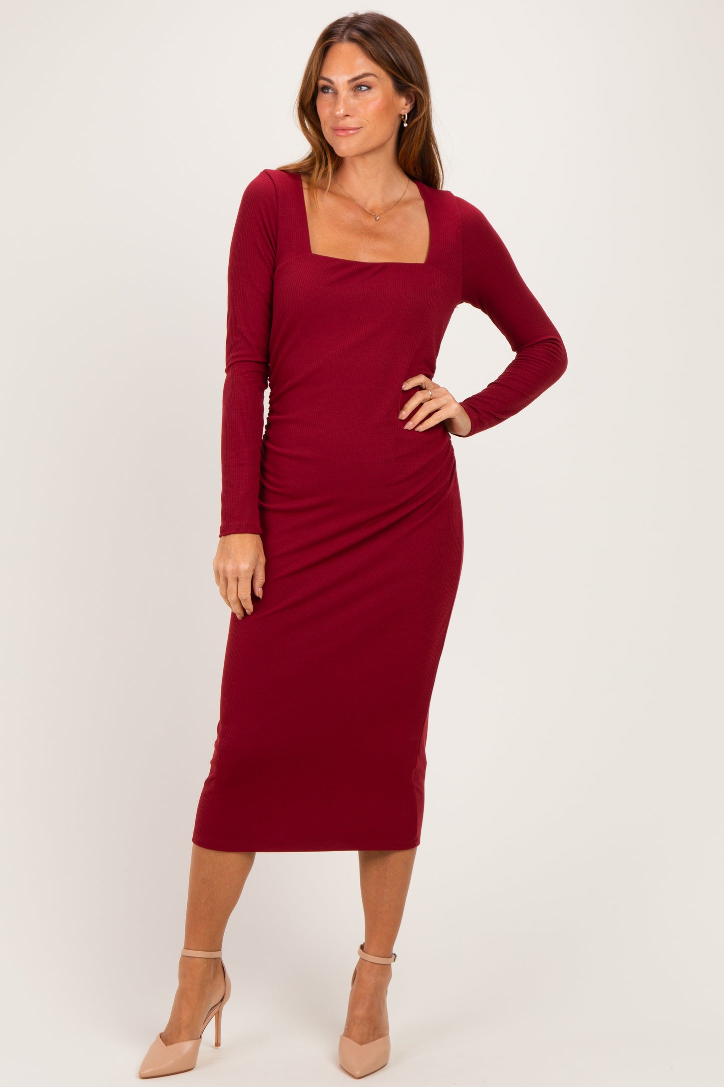 Burgundy Fitted Long Sleeve Square Neck Midi Dress