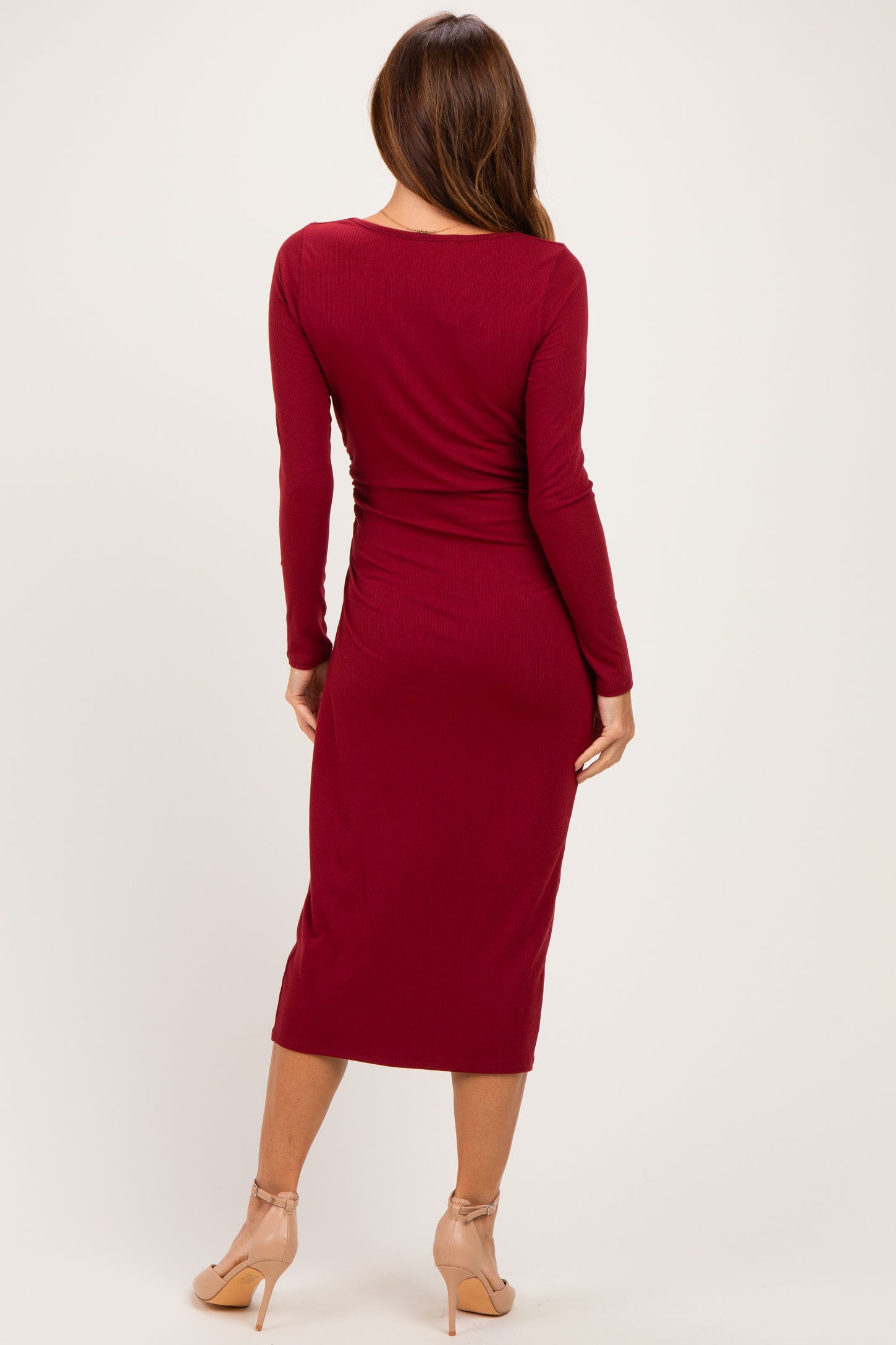 Burgundy Fitted Long Sleeve Square Neck Midi Dress