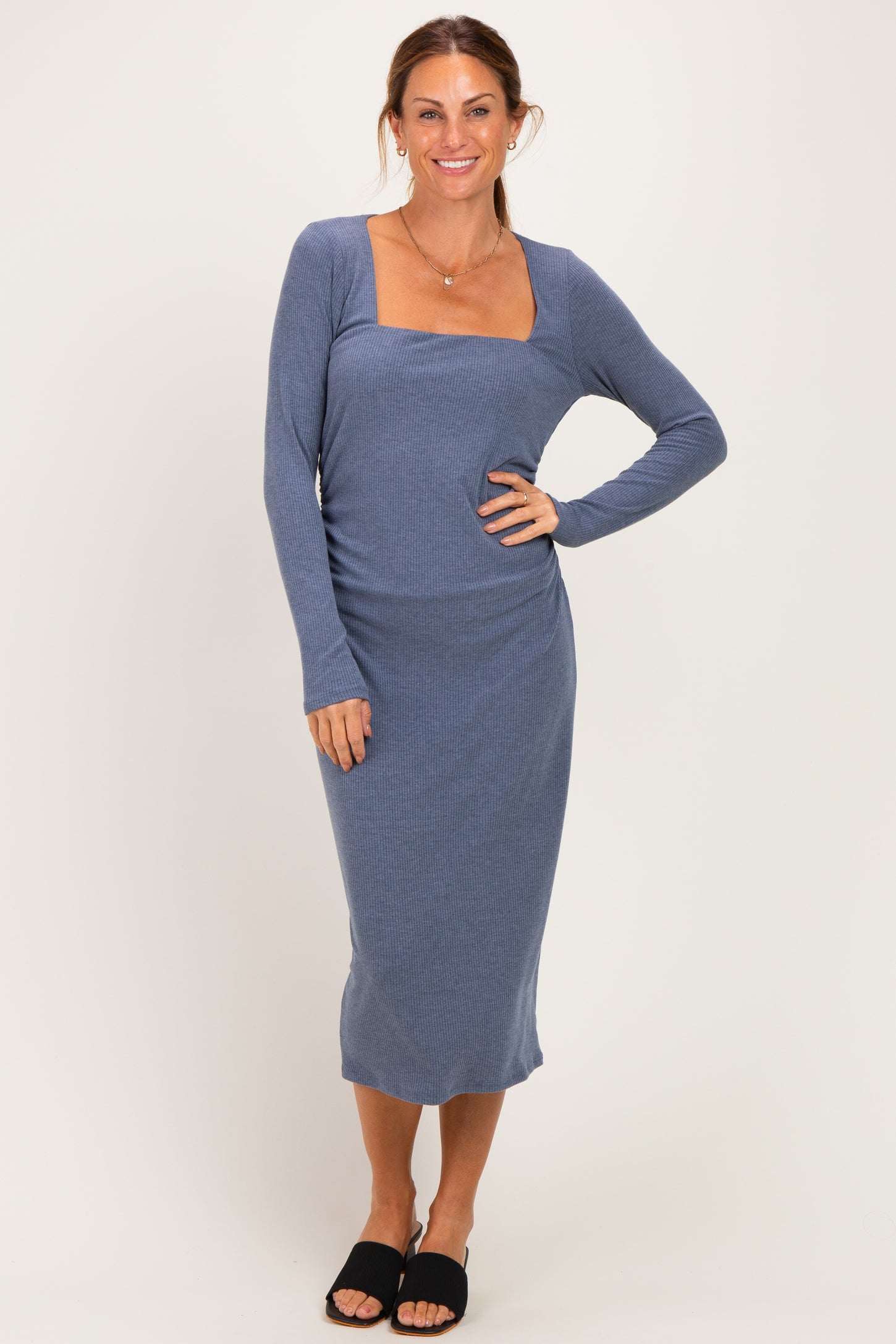Blue Fitted Long Sleeve Square Neck Midi Dress