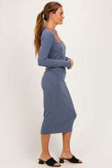 Blue Fitted Long Sleeve Square Neck Midi Dress