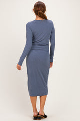 Blue Fitted Long Sleeve Square Neck Midi Dress