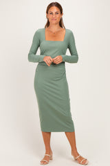Sage Fitted Long Sleeve Square Neck Midi Dress
