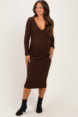 Brown Long Sleeve Wrap V-Neck Maternity Nursing Midi Dress