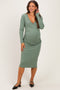 Sage Long Sleeve Wrap V-Neck Maternity Nursing Midi Dress