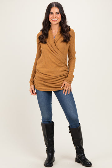 Mustard Soft Heathered Draped Wrap Nursing Top