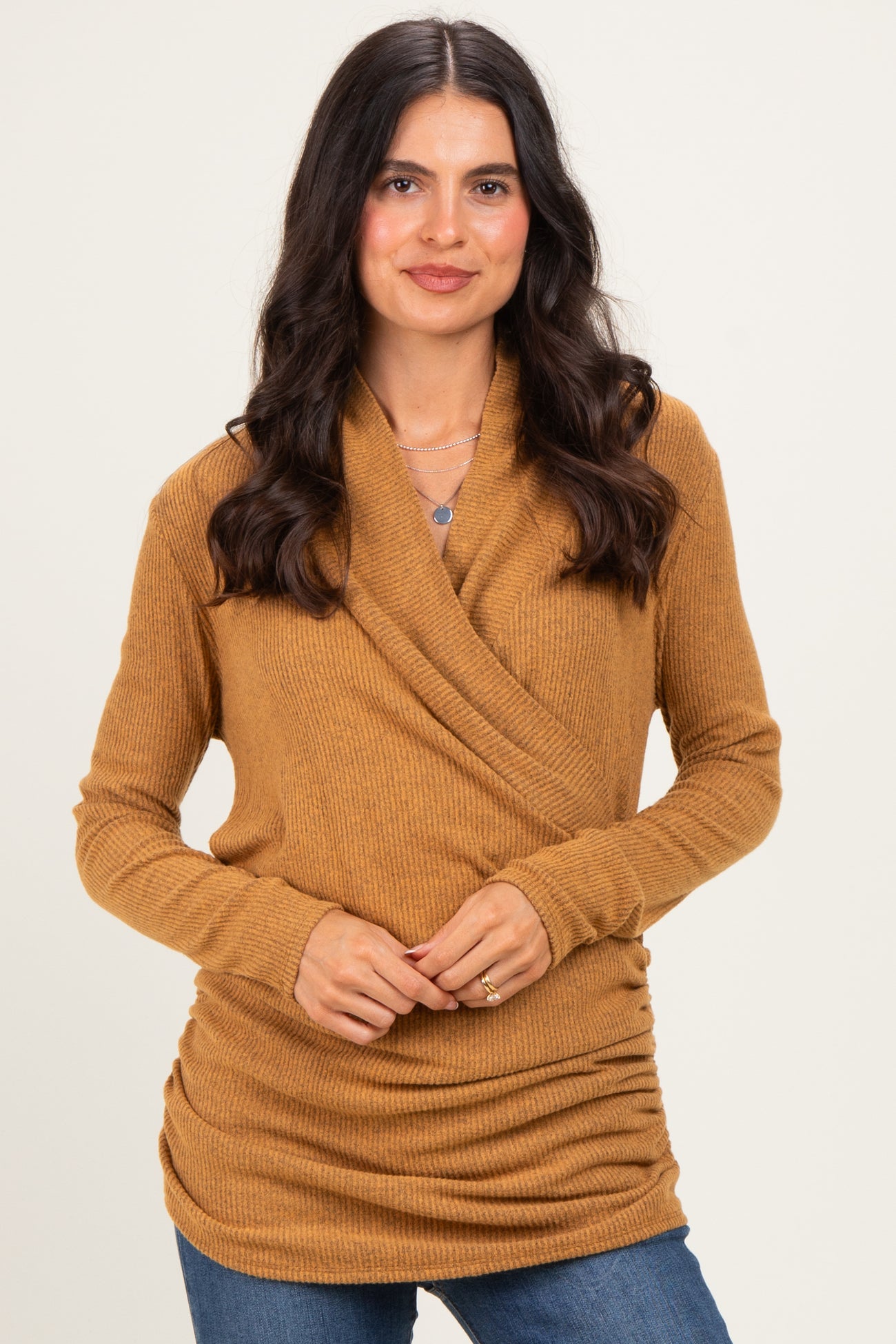 Mustard Soft Heathered Draped Wrap Nursing Top