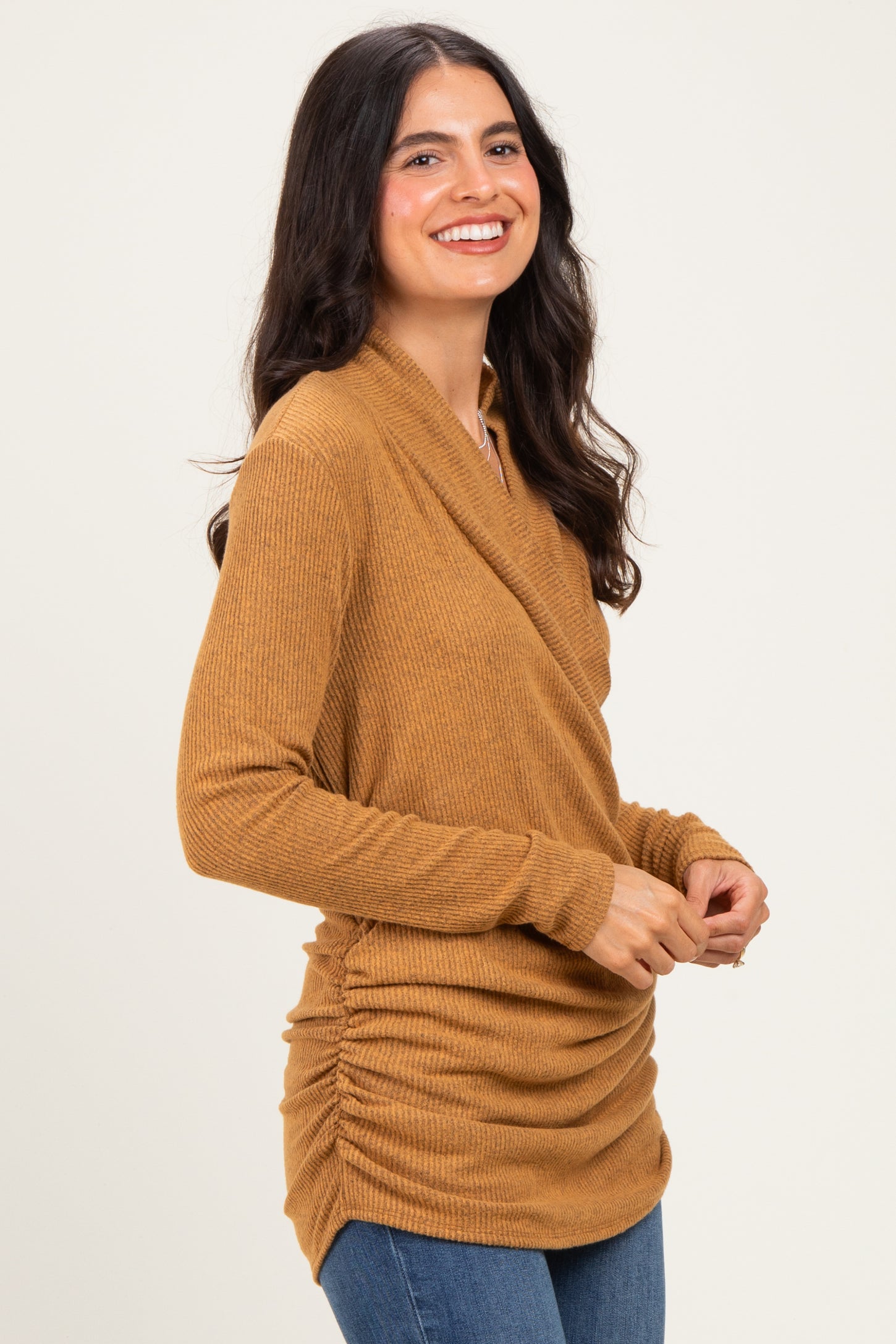 Mustard Soft Heathered Draped Wrap Nursing Top