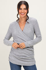 Grey Heathered Draped Wrap Maternity/Nursing Top