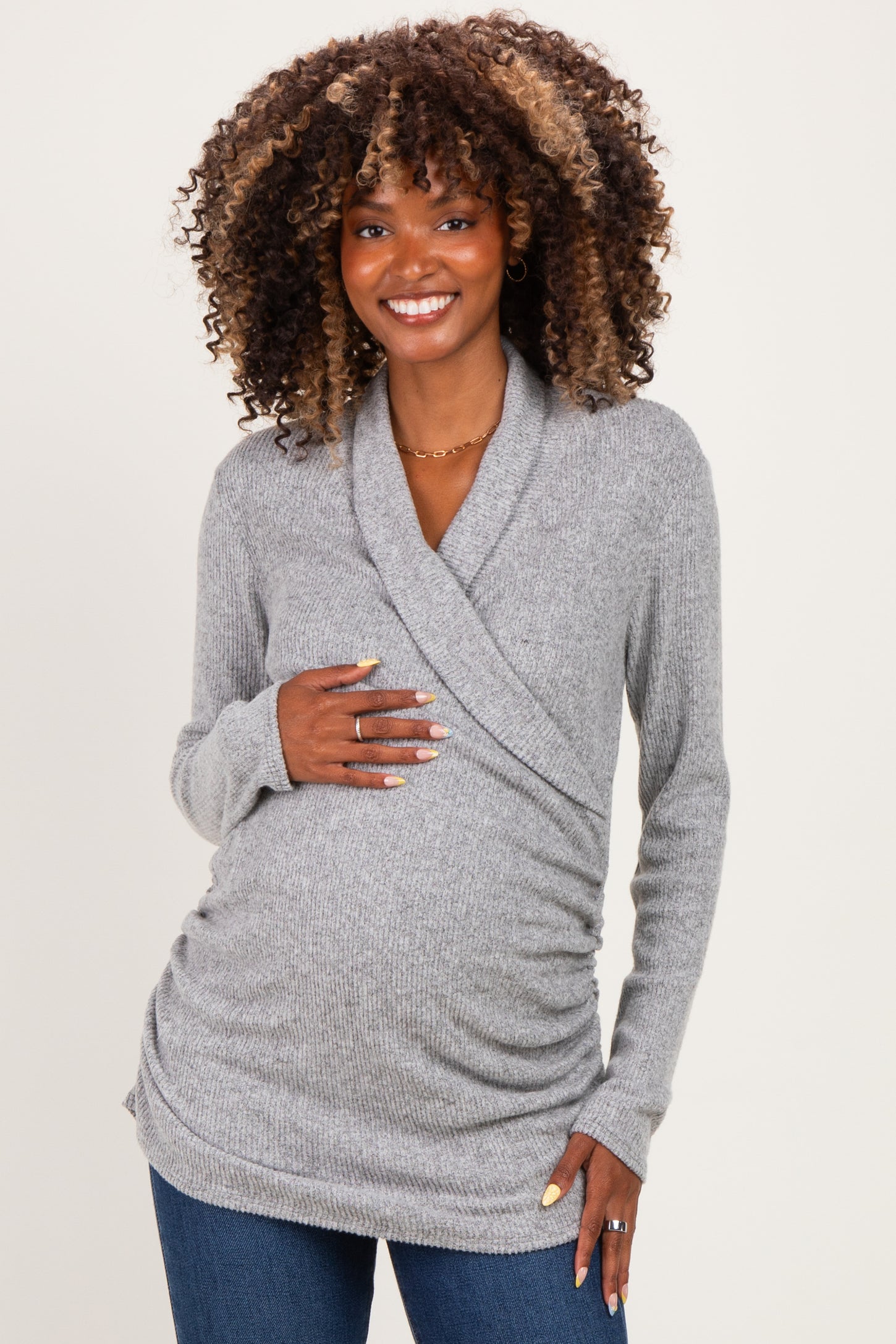Grey Heathered Draped Wrap Maternity/Nursing Top