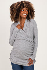 Grey Heathered Draped Wrap Maternity/Nursing Top