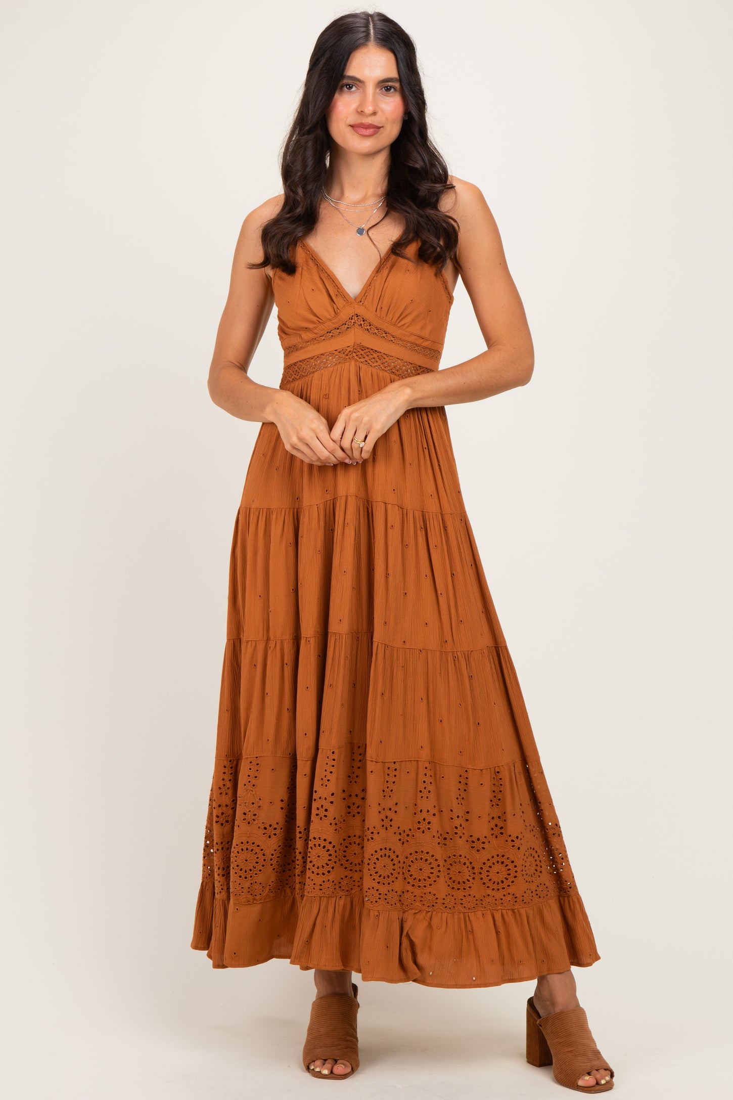 Desert Lace Accent V-Neck Tiered Maternity Maxi Dress