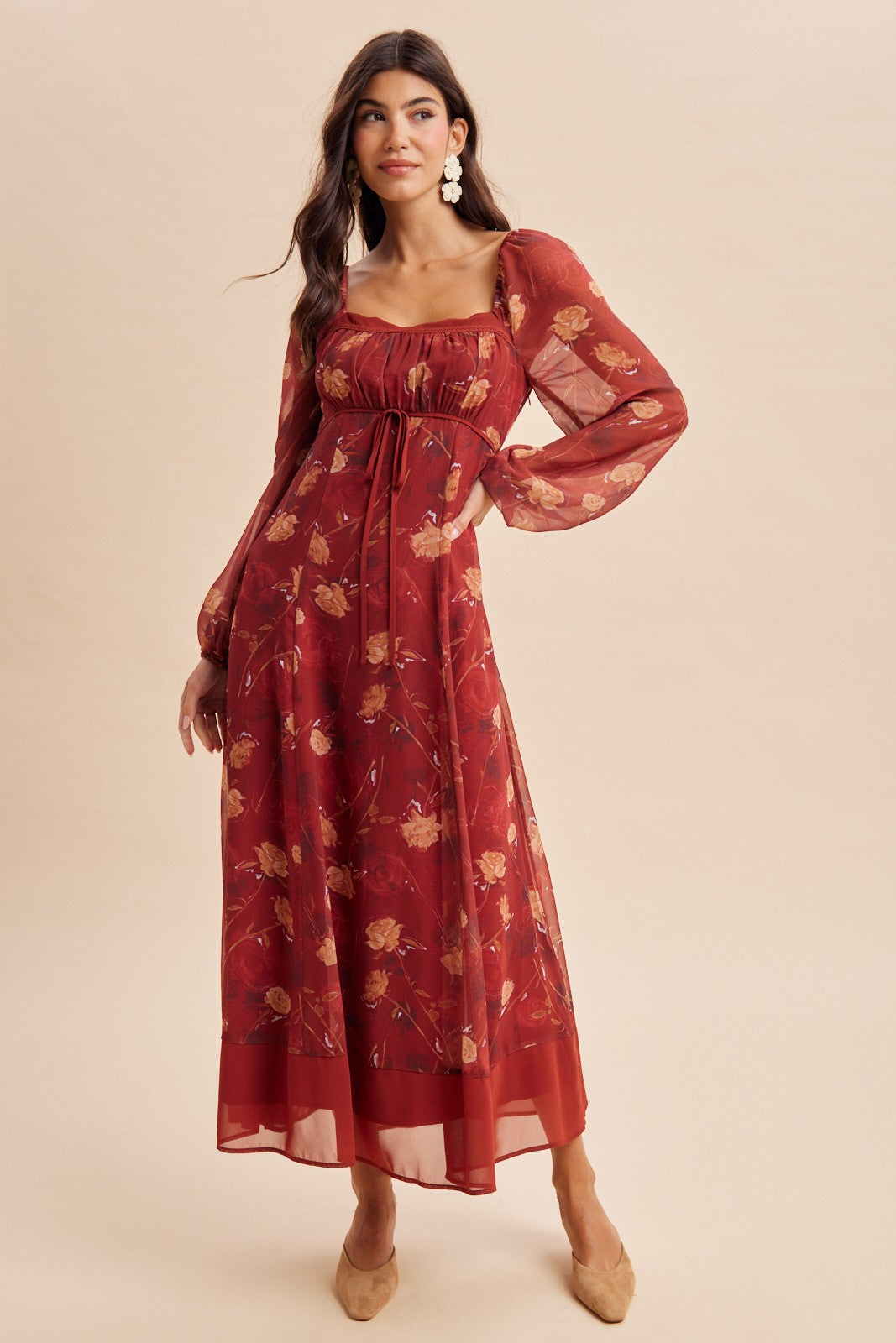 Burnt Ginger Floral Mesh Front Tie Maxi Dress