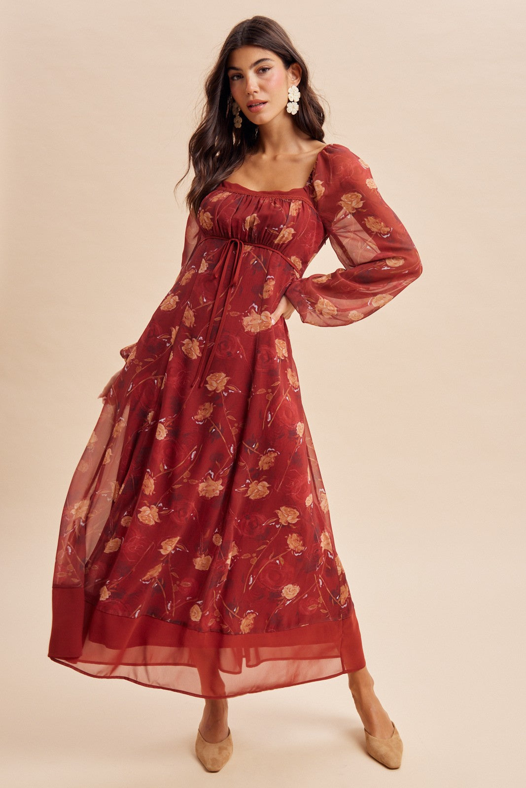 Burnt Ginger Floral Mesh Front Tie Maxi Dress