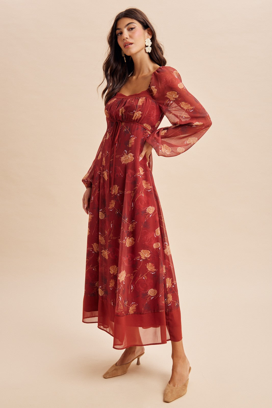 Burnt Ginger Floral Mesh Front Tie Maxi Dress