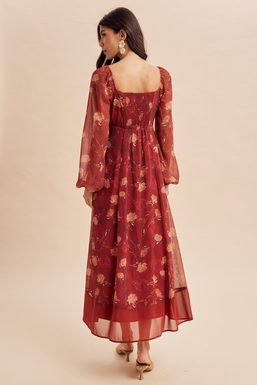 Burnt Ginger Floral Mesh Front Tie Maxi Dress