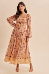 Sand Beige Floral Mesh Front Tie Maxi Dress