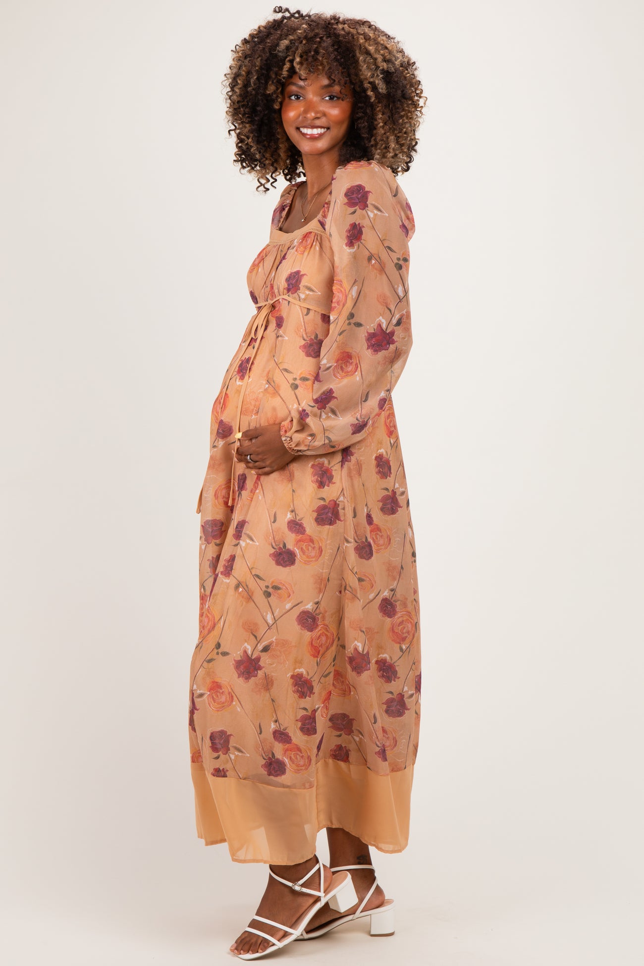 Sand Beige Floral Mesh Front Tie Maternity Maxi Dress