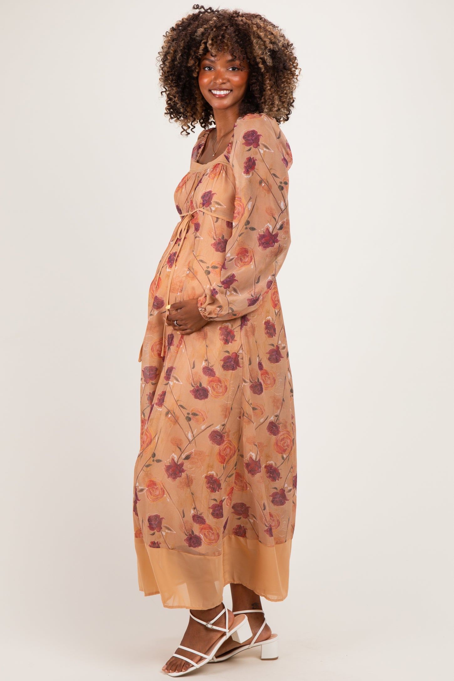 Sand Beige Floral Mesh Front Tie Maternity Maxi Dress