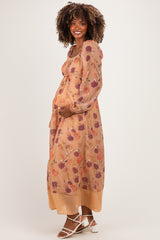 Sand Beige Floral Mesh Front Tie Maternity Maxi Dress