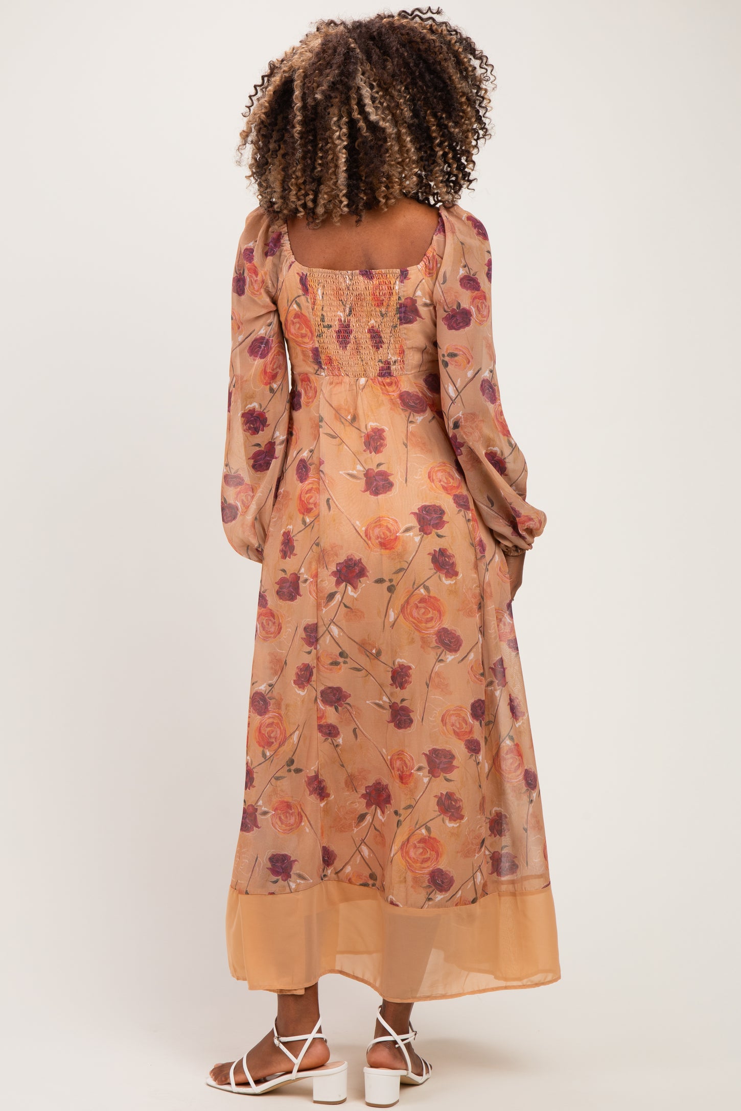 Sand Beige Floral Mesh Front Tie Maternity Maxi Dress