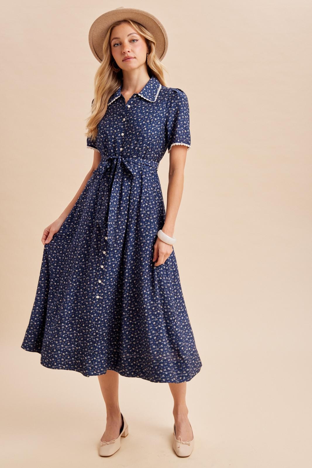 Navy Floral Button Down Tie Waist Maternity Midi Dress