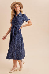 Navy Floral Button Down Tie Waist Midi Dress