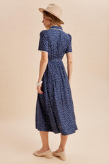 Navy Floral Button Down Tie Waist Midi Dress