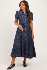 Navy Floral Button Down Tie Waist Maternity Midi Dress