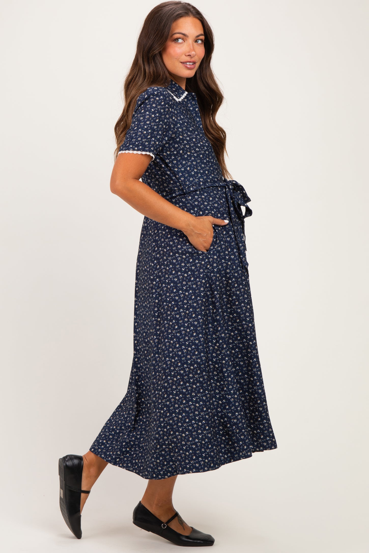 Navy Floral Button Down Tie Waist Maternity Midi Dress