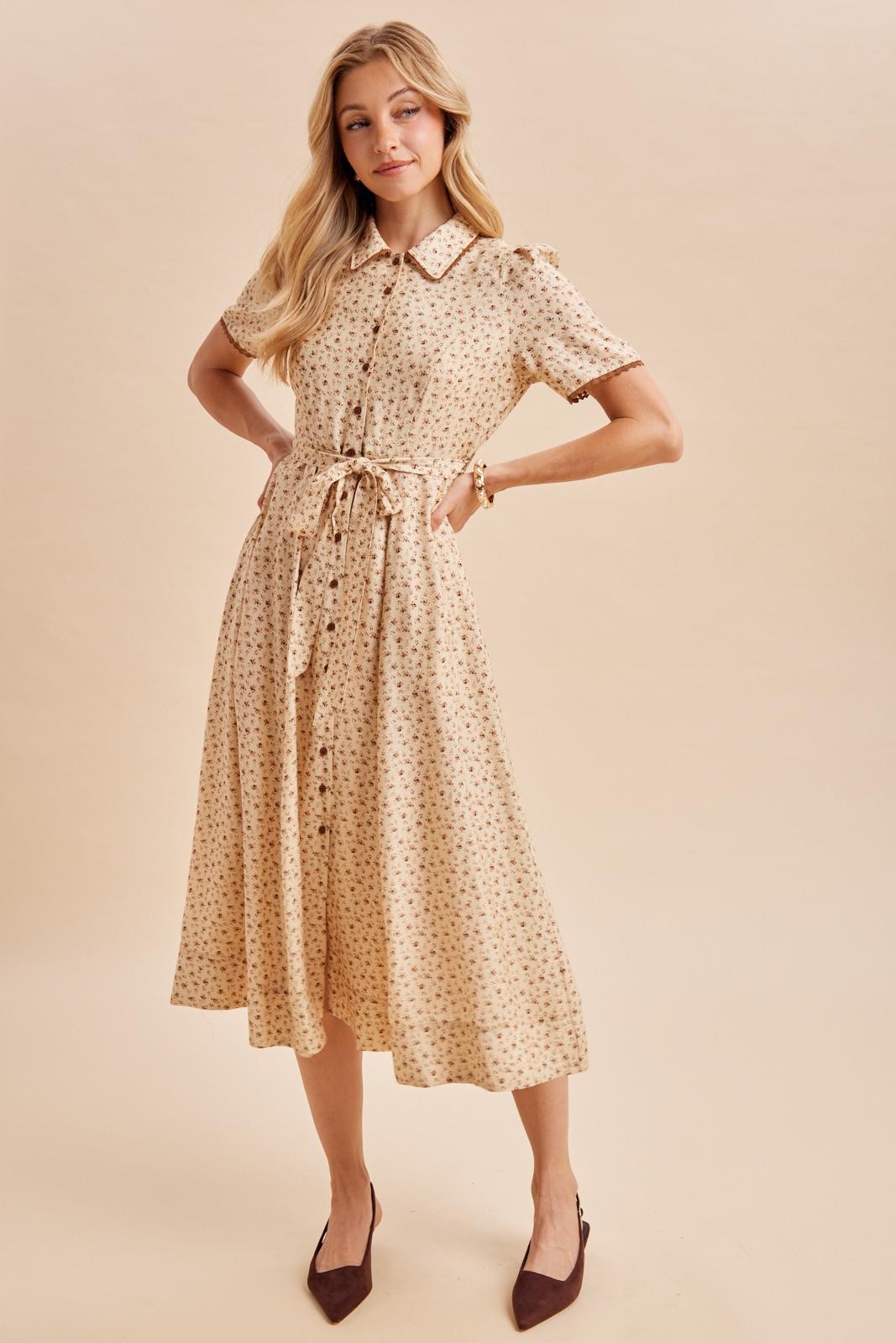 Buttercream Floral Button Down Tie Waist Midi Dress