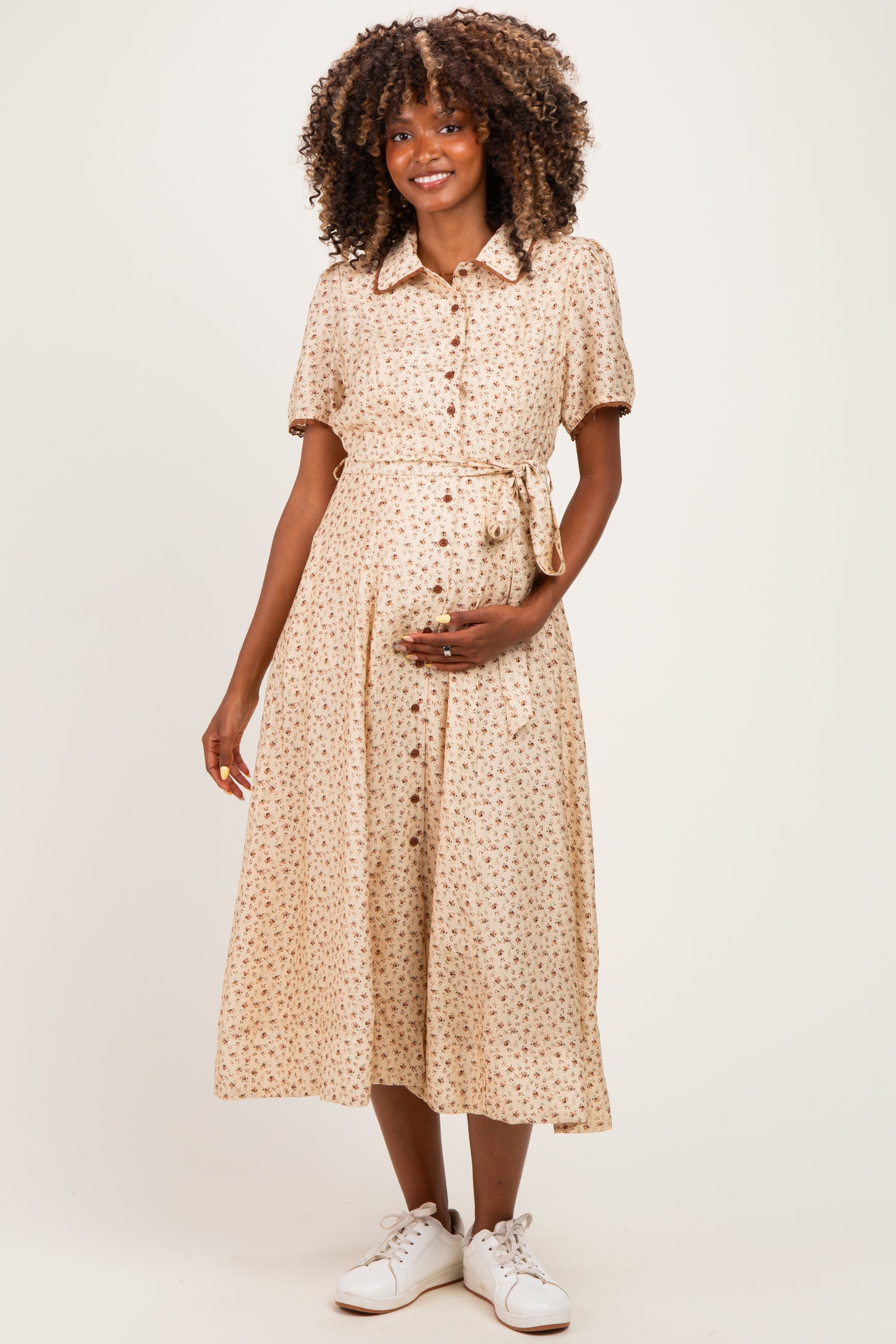 Buttercream Floral Button Down Tie Waist Maternity Midi Dress