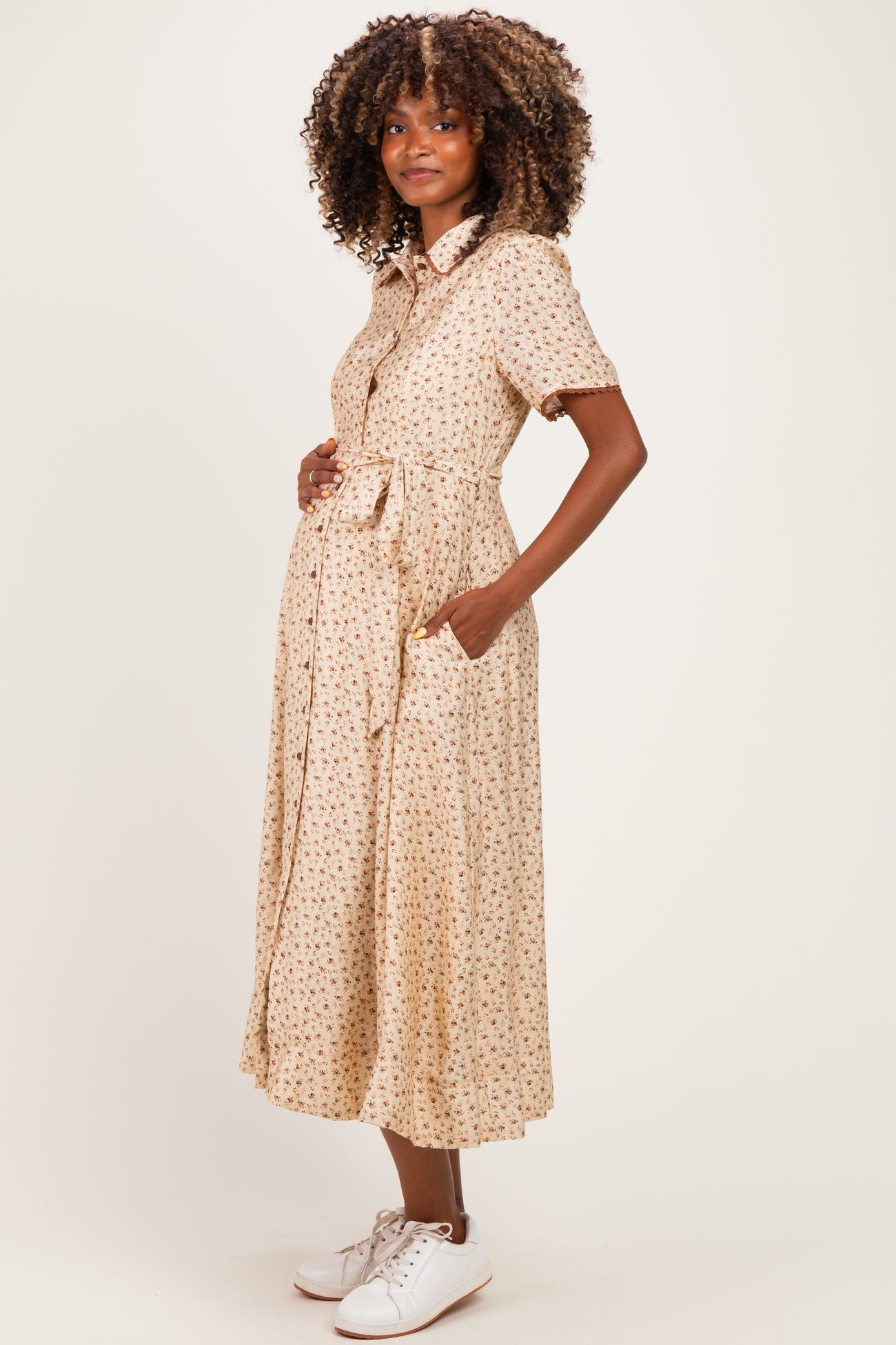 Buttercream Floral Button Down Tie Waist Maternity Midi Dress