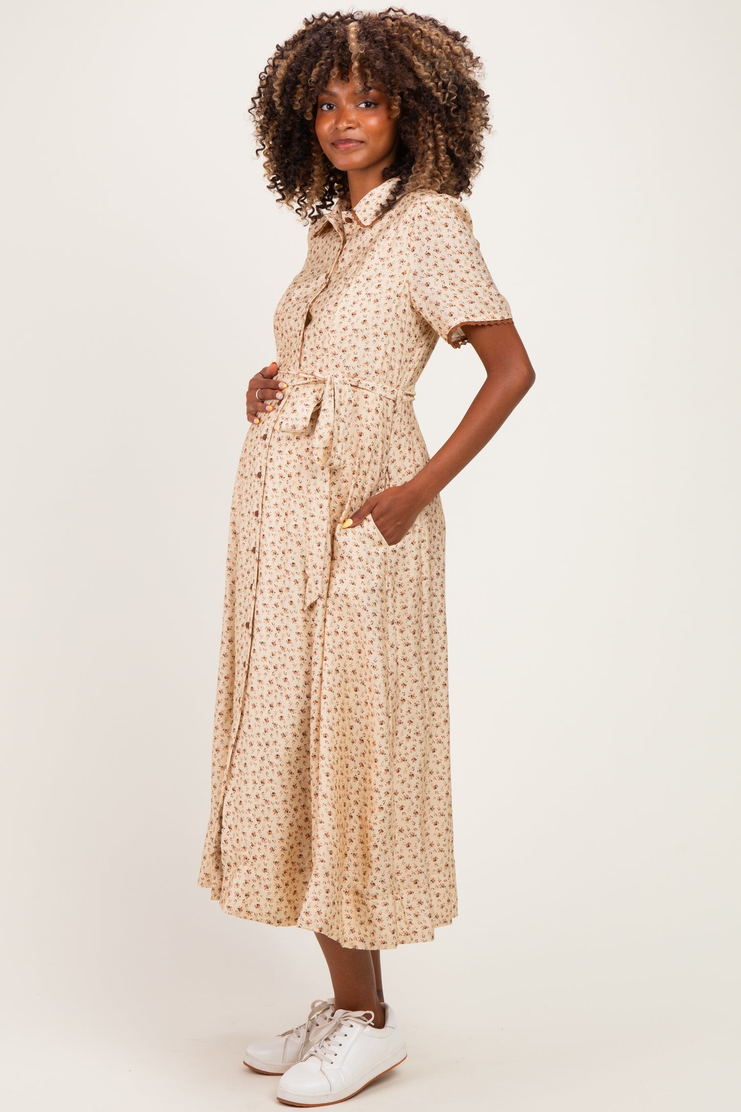 Buttercream Floral Button Down Tie Waist Maternity Midi Dress