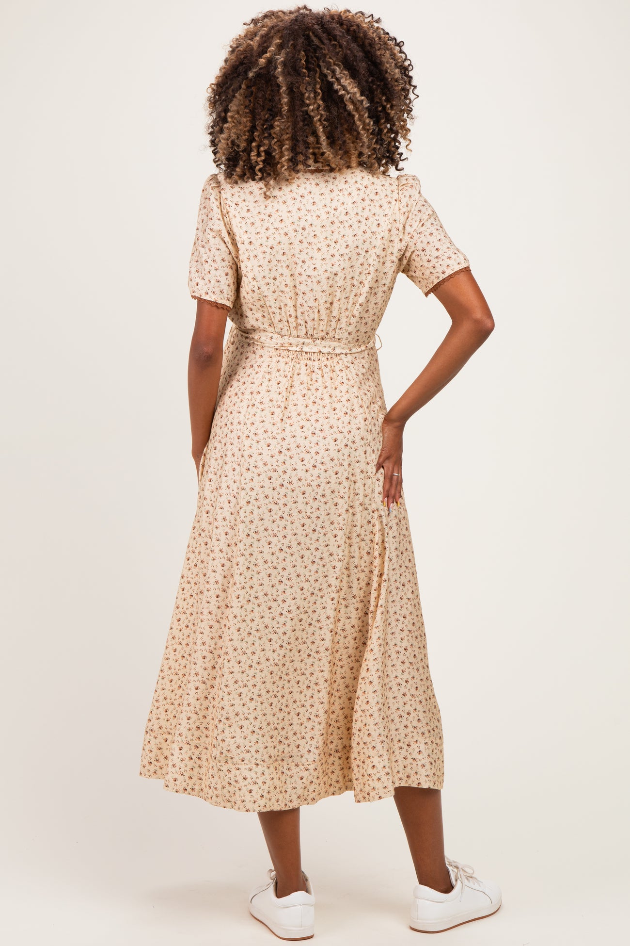 Buttercream Floral Button Down Tie Waist Maternity Midi Dress