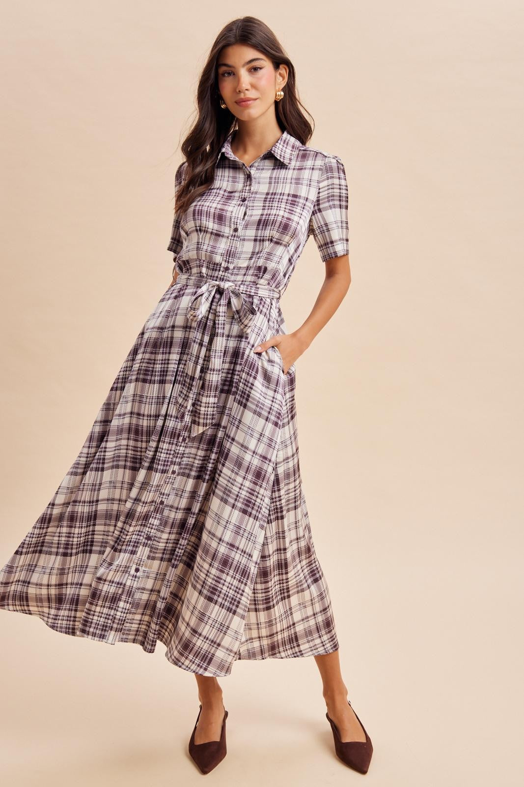 Dark Plum Plaid Button Down Maternity Midi Dress