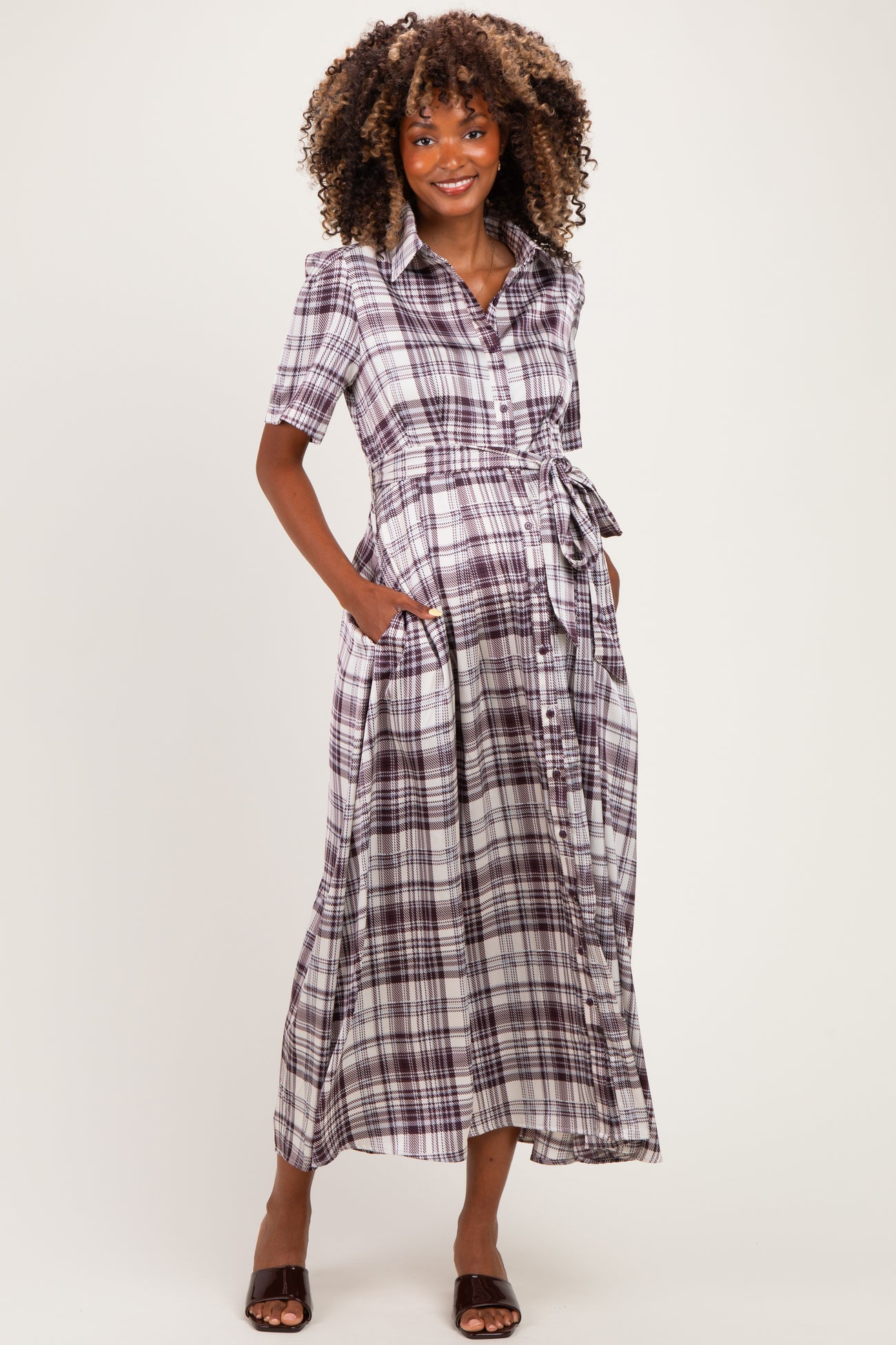Dark Plum Plaid Button Down Maternity Midi Dress