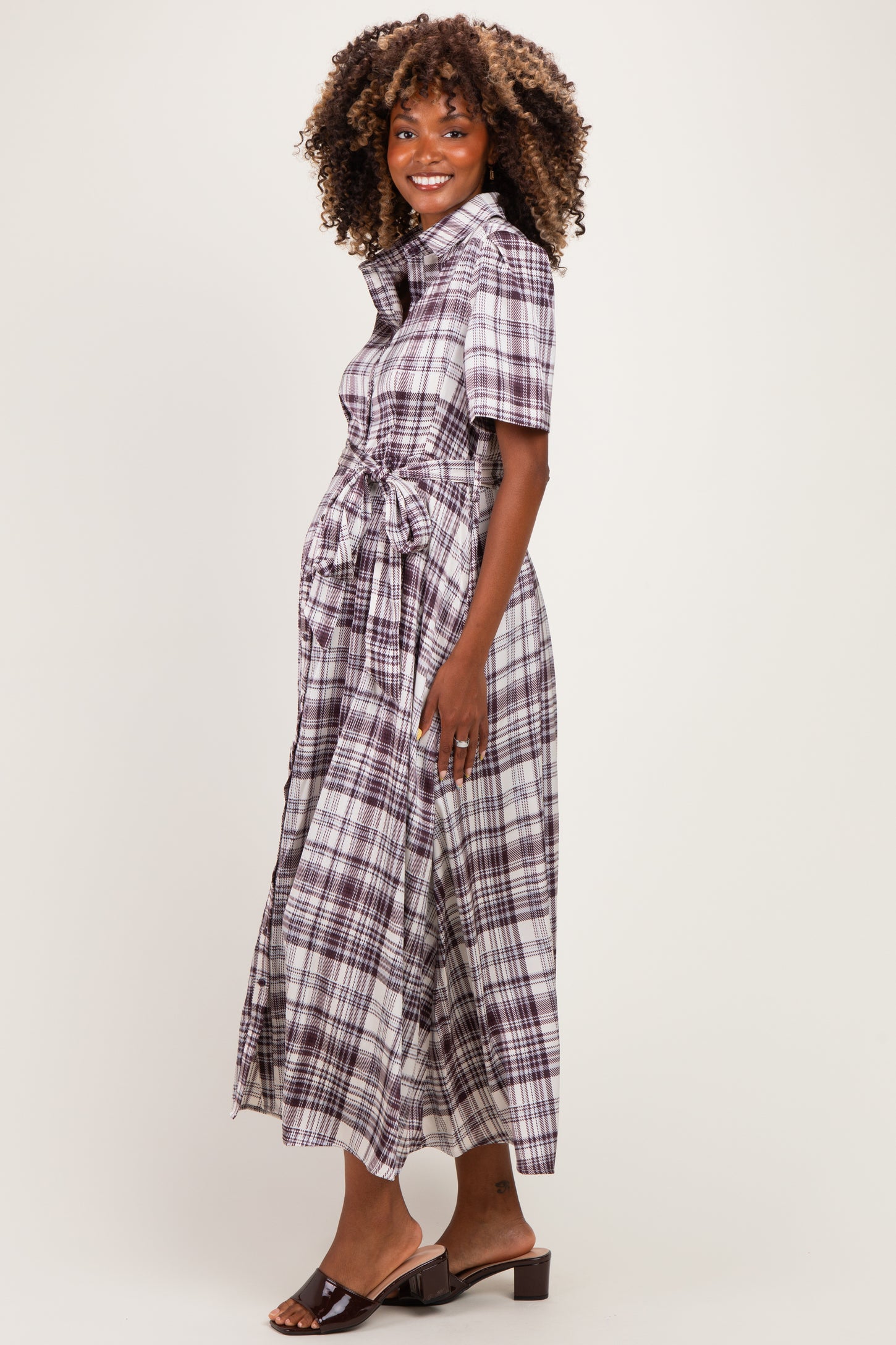 Dark Plum Plaid Button Down Maternity Midi Dress