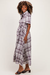 Dark Plum Plaid Button Down Maternity Midi Dress