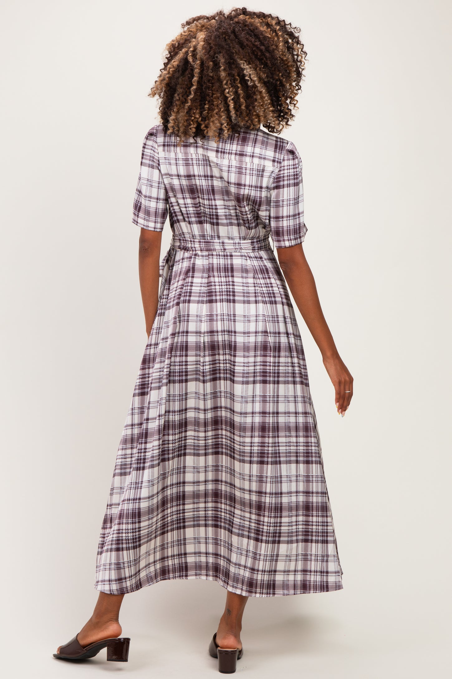 Dark Plum Plaid Button Down Maternity Midi Dress