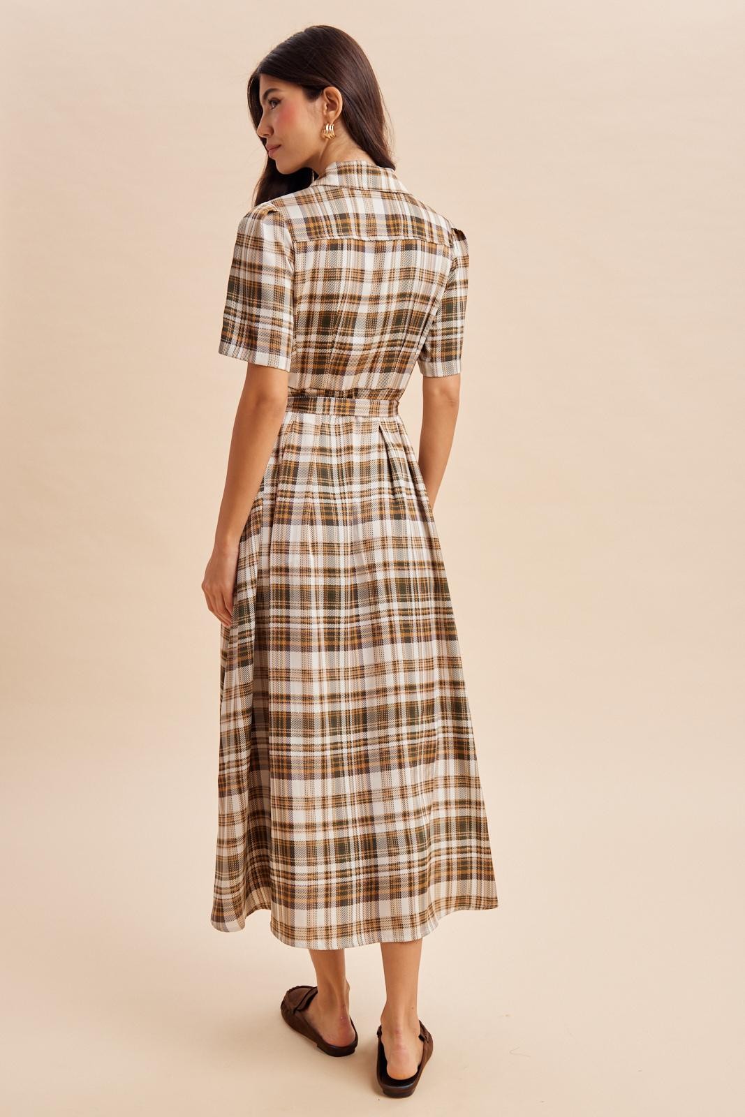 Dark Olive Plaid Button Down Midi Dress
