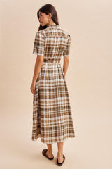 Dark Olive Plaid Button Down Midi Dress