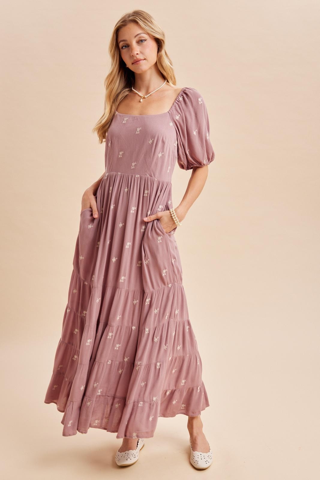 Mauve Embroidered Tiered Maxi Dress
