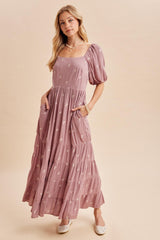 Mauve Embroidered Tiered Maxi Dress