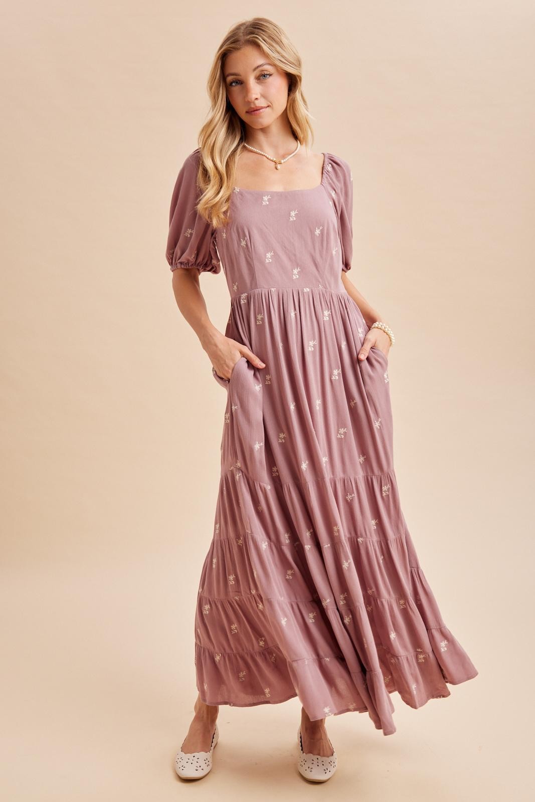 Mauve Embroidered Tiered Maxi Dress