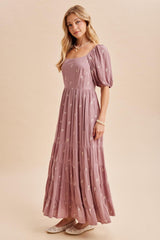 Mauve Embroidered Tiered Maxi Dress